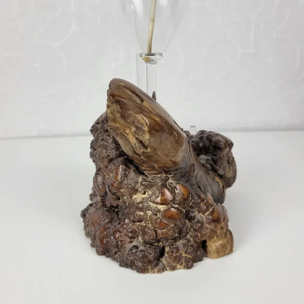 Vintage Oil Candle Lamp Burl Root Designs Glass Lantern Wood Base MCM Retro